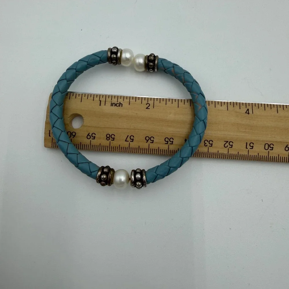 Braided Blue Leather Pearl Cuff Bracelet Antiqued Silver Accent Western Aztec
